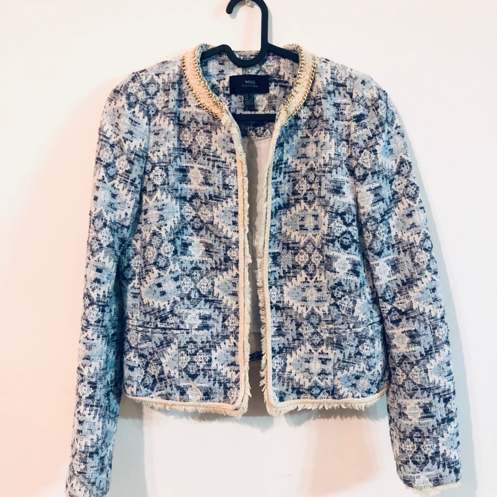 Mango sky blue tweed jacket w/ chain neckline